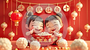 An adorable poster showcasing kids celebrating Yuanxiao Festival by drinking glutinous rice ball soup. This poster