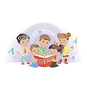 Adorable preschool kids, boys and girls reading educational magic book. Happy and interesting childhood. Isolated flat