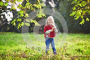 Adorable preschooler girl enjoying sunny fall day in park or forest