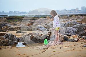 Adorable preschooler girl playing with scoop net on the beach at Atlantic coast of Brittany, France