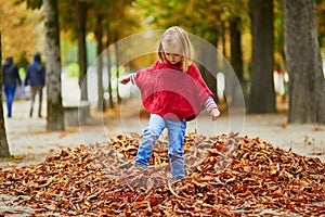 Adorable preschooler girl walking in Tuileries garden in Paris, on a fall day