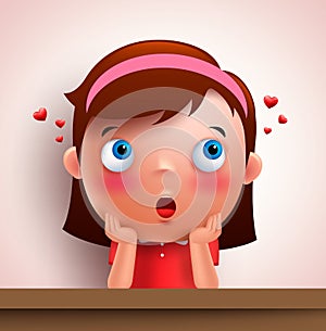 Adorable pretty girl kid vector character in love and dreaming
