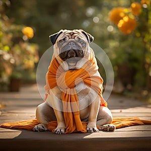 Adorable Pug Dressed in a Vibrant Orange Scarf Sitting on Wooden Deck