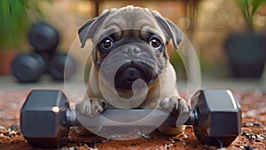 Adorable pug rests its paws on a dumbbell, embodying the charm of gym companionship