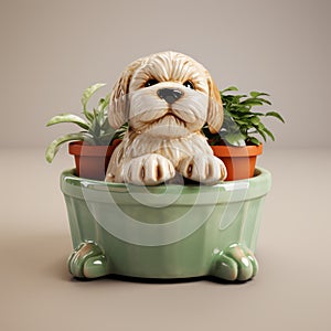 Adorable Pup Exploring Ceramic Pot: Daz3d Style With Depth Of Field