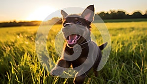 Adorable pup happily dashing through a vibrant meadow, pet photography