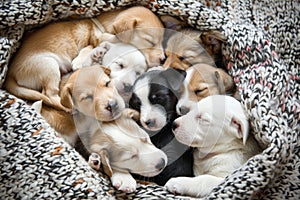 Adorable Puppies Huddled Together in a Blanket. Generative AI