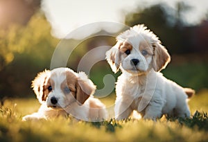 Adorable puppies in an outdoor setting, AI-generated.