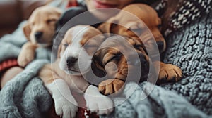 Adorable puppies snuggled up with their human companions, forming unbreakable bonds of love