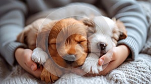 Adorable puppies snuggled up with their human companions, forming unbreakable bonds of love