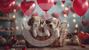 Adorable Puppies in a Valentine\'s Basket.