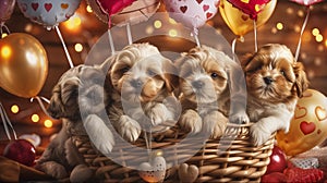 Adorable Puppies in a Valentine\'s Basket.