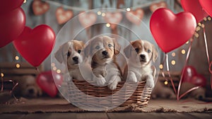 Adorable Puppies in a Valentine\'s Basket.