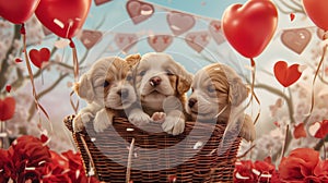 Adorable Puppies in a Valentine\'s Basket.