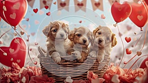 Adorable Puppies in a Valentine\'s Basket.