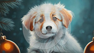 Adorable puppy at christmas eve, digital painting, illustration - Ai Generated