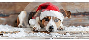 Adorable puppy in christmas hat peeking from behind blank sign, cute festive pet concept