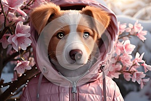 Adorable puppy in cozy clothes.The perfect Puppy Day dream.Dog love in pastel colors,animal concept