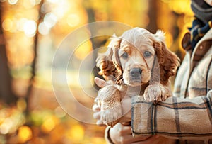 Adorable Puppy Cradled in Arms Amidst Autumn Foliage Backdrop