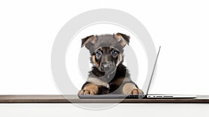 Adorable Puppy In Deutscher Werkbund Style Uses Laptop