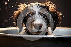 Adorable puppy enjoys a refreshing bath, with wet fur and cuteness