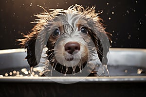 Adorable puppy enjoys a refreshing bath, with wet fur and cuteness