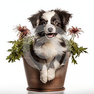Adorable Puppy In Flower Pot On White Background