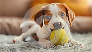 adorable puppy happily carrying a tennis ball, portraying a playful and affectionate doggy in a charming photo
