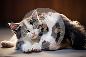 Adorable puppy and kitten lying together. AI Generative