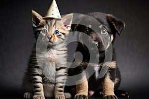 Adorable puppy and kitten. Pets in a triangular festive hats. Generative Ai.