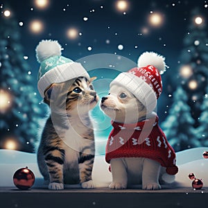 Adorable puppy and kitten wearing knitted hats and sweaters on winter background