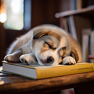 Adorable puppy peacefully sleeping among scattered books