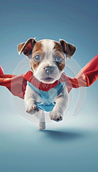 Adorable puppy in superhero costume gazing into distance on pastel background with copy space