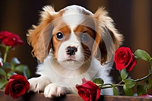 Adorable puppy surrounded by red roses, perfect for valentines day celebrations
