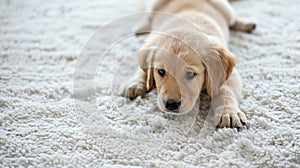 Adorable Puppy with a tender gaze on a plush carpet. Soft-textured golden pup in a domestic setting. Cute dog on the rug