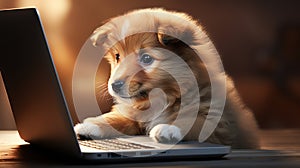 Adorable Puppy Using Laptop In A Whimsical Floating Setting