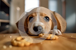 Adorable puppy yearns for a tasty treat, eyes filled with longing