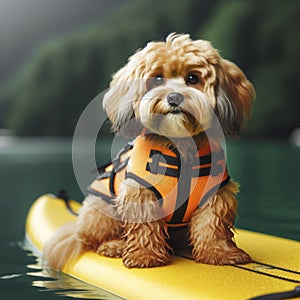 adorable purebred hairy dog with orange colored life jacket sitting on yellow surf board on lake. ai generative