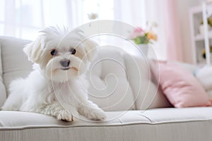 Adorable purebred white Maltese dog sitting on white couch in modern and stylish light interior. Close up. Copy space