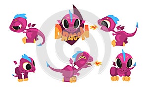 Adorable Purple Little Dragons Collection, Funny Fantasy Creatures Cartoon Character Vector Illustration on White