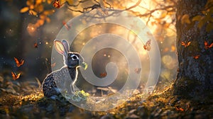 Adorable rabbit eating leaves