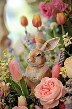Adorable Rabbit Figurines Amidst Fresh Spring Flower Arrangements