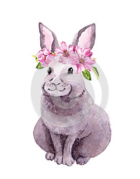 Adorable rabbit in floral wreath with pink spring flowers. Watercolor Easter bunny
