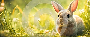 Adorable rabbit sitting on grass with natural bokeh in backdrop. Cute baby