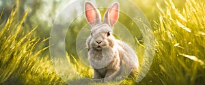 Adorable rabbit sitting on grass with natural bokeh in backdrop. Cute baby