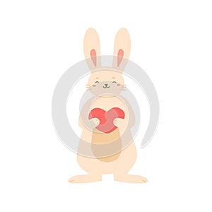 Adorable rabbit standing holding big heart vector flat illustration. Happy cute bunny enjoy love, tenderness and best