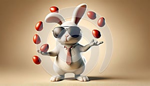 An adorable rabbit in sunglasses confidently juggles red eggs on a neutral background.