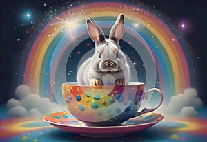 Adorable Rabbit in a Teacup Against a Rainbow Sky, Generative AI