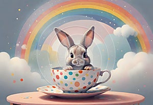 Adorable rabbit in a teacup against a rainbow sky, Generative AI