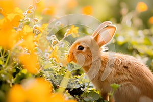 An adorable rabbit among yellow flowers on a sunny day.